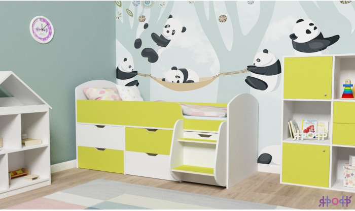 Кровать-чердак Малыш 7 (Белое дерево/Ясень Анкор темный)