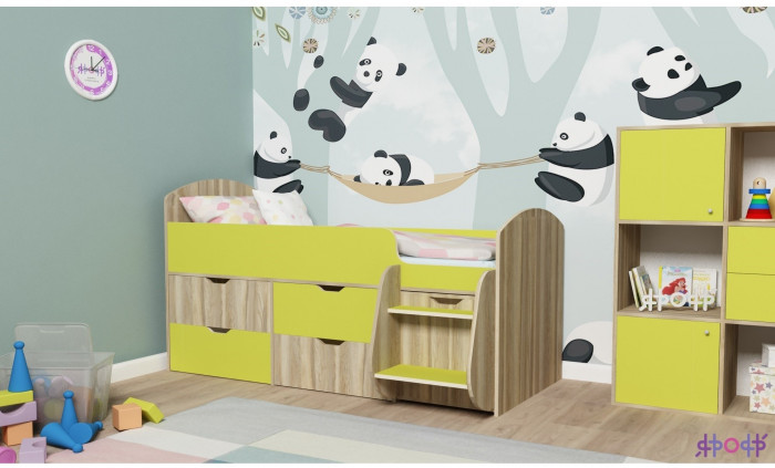 Кровать-чердак Малыш 7 (Белое дерево/Ясень Анкор темный)