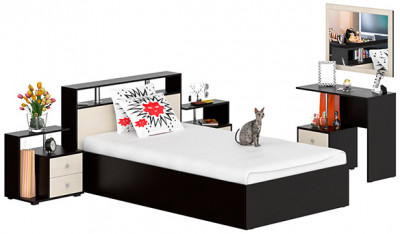 Камелия спальня № 6 Кровать 1200 + Две тумбы + Стол косметический + Зеркало, цвет венге/дуб лоредо, сп.м. 1200х2000 мм., б/м, основание есть