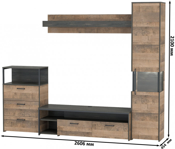 Трувор Гостиная 023, цвет дуб гранж песочный/интра, ШхГхВ 260,6х45,4х210 см., универсальная сборка