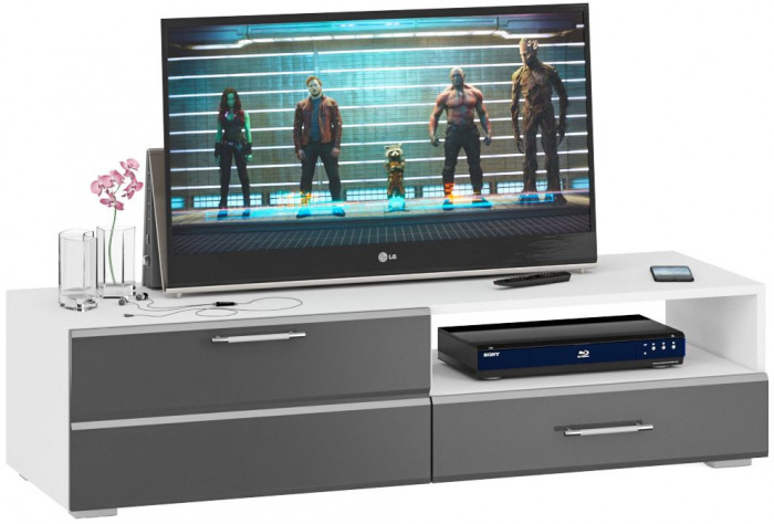 Тумба под ТВ Ларго 1,4, цвет корпус белый/фасады МДФ графитово-серый глянец, ШхГхВ 140х46х35 см., НЕ универсальная сборка