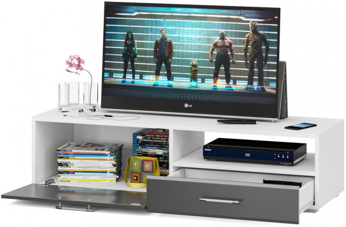 Тумба под ТВ Ларго 1,4, цвет корпус белый/фасады МДФ графитово-серый глянец, ШхГхВ 140х46х35 см., НЕ универсальная сборка