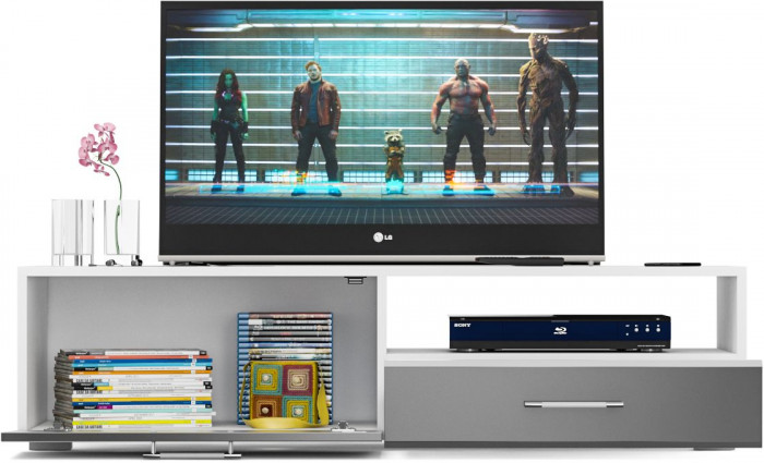 Тумба под ТВ Ларго 1,4, цвет корпус белый/фасады МДФ графитово-серый глянец, ШхГхВ 140х46х35 см., НЕ универсальная сборка