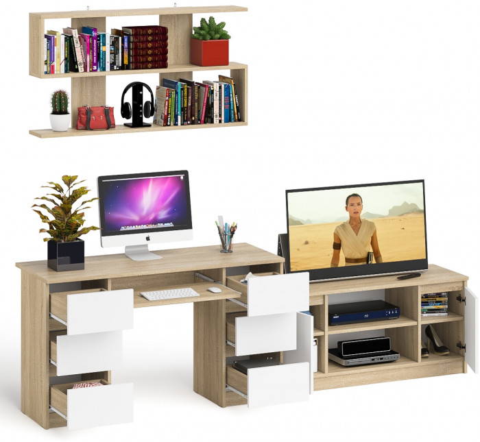 Мори компьютерный стол МС-2 + Тумба МТВ1200.1 + Полка 1200, дуб сонома/белый