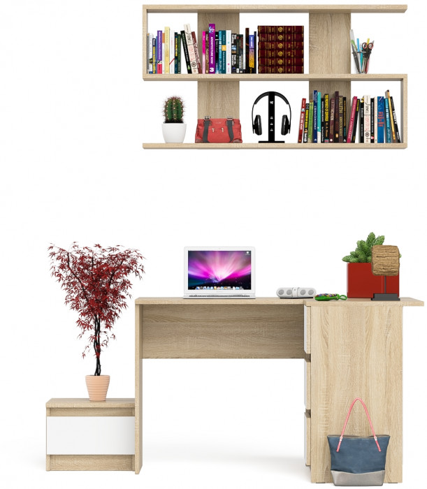 Мори Стол компьютерный МС-16 правый + Тумба ТМП400.1 + Полка 1200, цвет дуб сонома/белый, ШхГхВ 164,8х84,9х209,6 см., НЕ универс. сборка