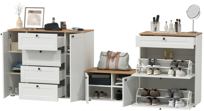 Остин 16.221 Комод + 16.121 Тумба для обуви + 13.257 Тумба, белый шагрень/дуб крафт золотой