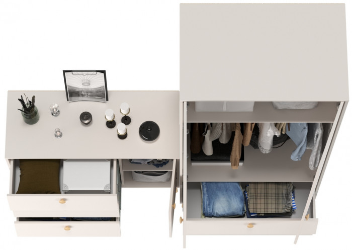 Афина Спальня Шкаф 2-х дверный + Комод с дверкой и тремя ящиками, цвет кашемир серый, ШхГхВ 90,3х56,3х220 + 110х45,3х83 см., универсальная сборка