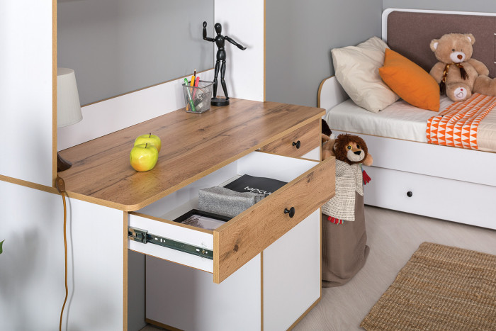 Вуди Стол письменный 12.42 + 2хПолка 15.46, цвет белый премиум/дуб крафт золотой, ШхГхВ 110х52,7х180 см., универсальная сборка