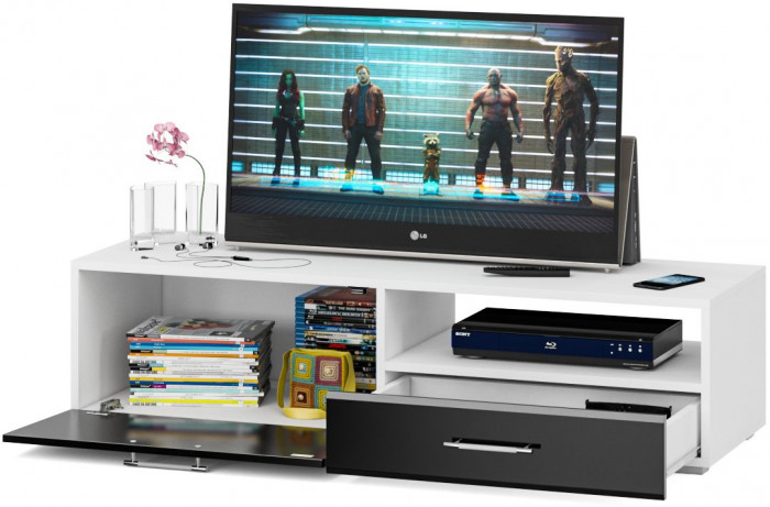 Тумба под ТВ Ларго 1,4, цвет корпус белый/фасады МДФ чёрный глянец, ШхГхВ 140х46х35 см., НЕ универсальная сборка