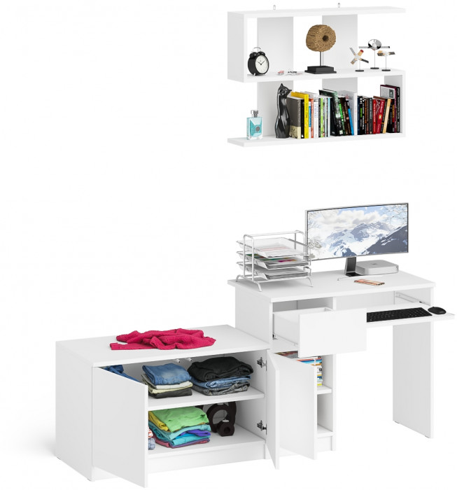 Мори Стол компьютерный МС-1 левый + Тумба МА900.1 + Полка 900, цвет белый, ШхГхВ 180,4х50,4х209,6 см., НЕ универсальная сборка