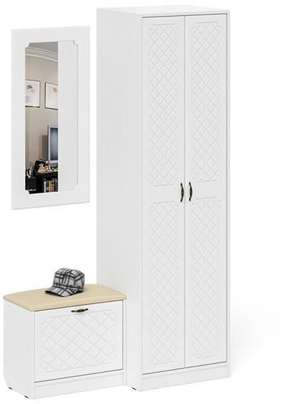 Прихожая П-6 Компоновка № 11, белая шагрень/фасады МДФ белое дерево фрезеровка ромб