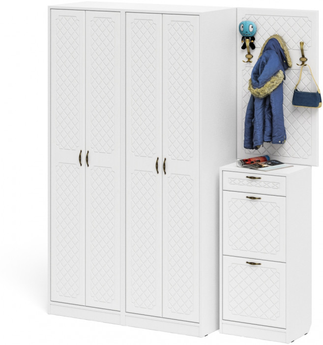 Прихожая П-6 Компоновка № 15, цвет белая шагрень/фасады МДФ белое дерево фрезеровка ромб, ШхГхВ 180х50х210 см., универсальная сборка