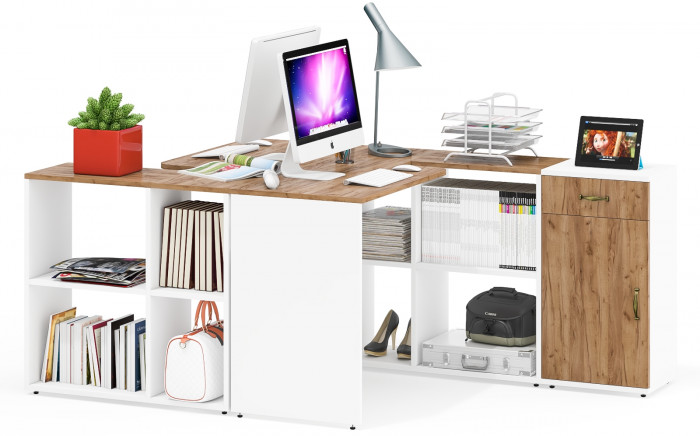 Лидер-8 Стол + Стол + Тумба МД 3.15, белый шагрень/крафт золото