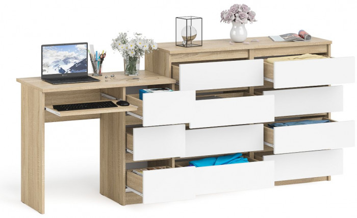 Мори компьютерный стол МС-6 правый + Комод МК1200.8, дуб сонома/белый
