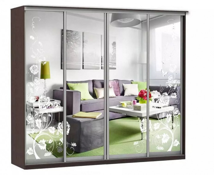 Шкаф купе Модерн 2362х450 4-х дверный 4-х секционный зеркальный с пескоструем №3 венге