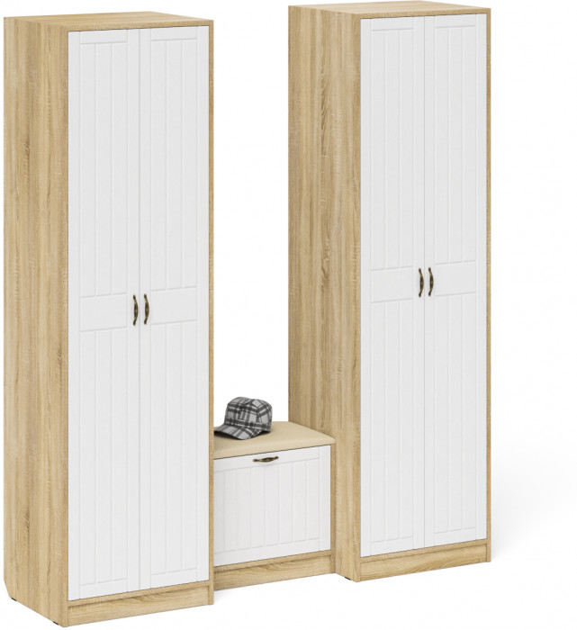 Прихожая П-6 Компоновка № 07, цвет дуб сонома/фасады МДФ белое дерево фрезеровка прованс, ШхГхВ 180х50х210 см., универсальная сборка