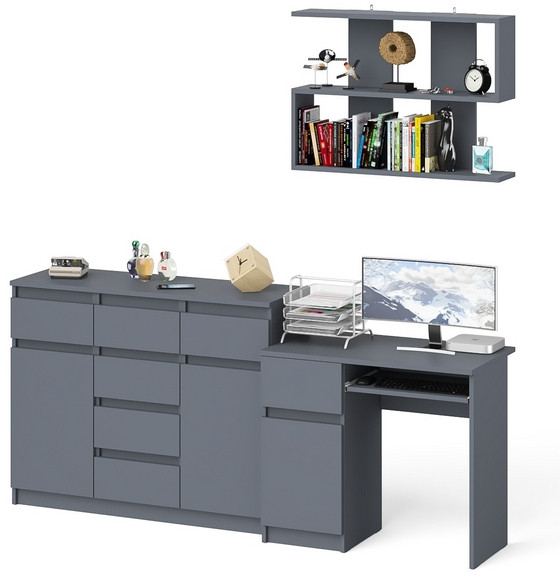Мори Стол компьютерный МС-1 левый + Комод МК1200.4 + Полка 900, цвет графит, ШхГхВ 210,4х50х209,6 см., НЕ универсальная сборка