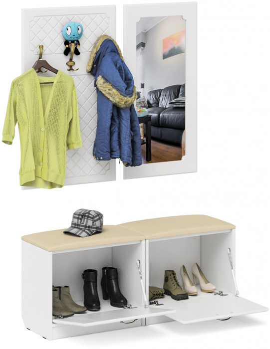 Прихожая П-6 Компоновка № 02, цвет белая шагрень/фасады МДФ белое дерево фрезеровка ромб, ШхГхВ 120х35х200 см.