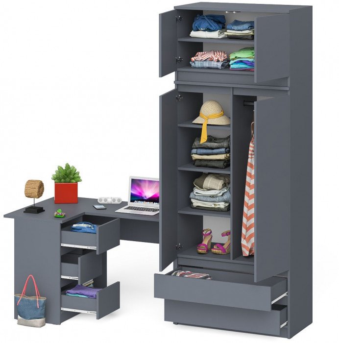 Мори Стол компьютерный МС-16 левый + Шкаф МШ900.1 + Антресоль МА900.1, цвет графит, ШхГхВ 214,8х84,9х234,2 см., выдвижные ящики слева, НЕ универс. сб.