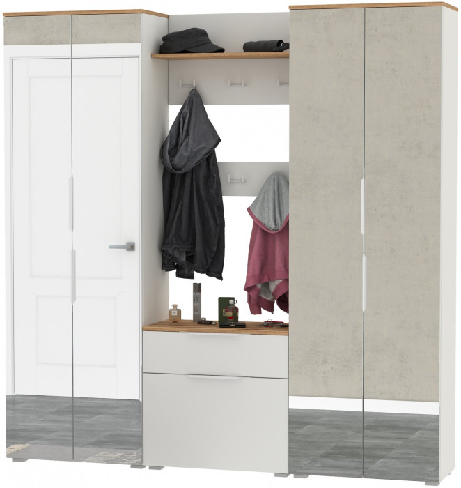 Октава Прихожая 27, цвет белый шагрень/дуб крафт золотой/фасады МДФ белый шагрень, ШхГхВ 193,7х35,4х197,6 см., универсальная сборка