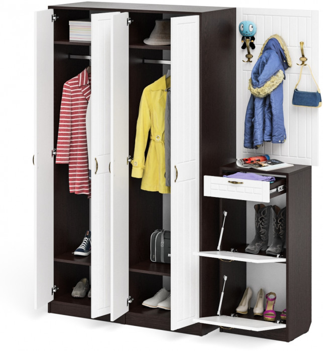 Прихожая П-6 Компоновка № 15, цвет венге/фасады МДФ белое дерево фрезеровка прованс, ШхГхВ 180х50х210 см., универсальная сборка