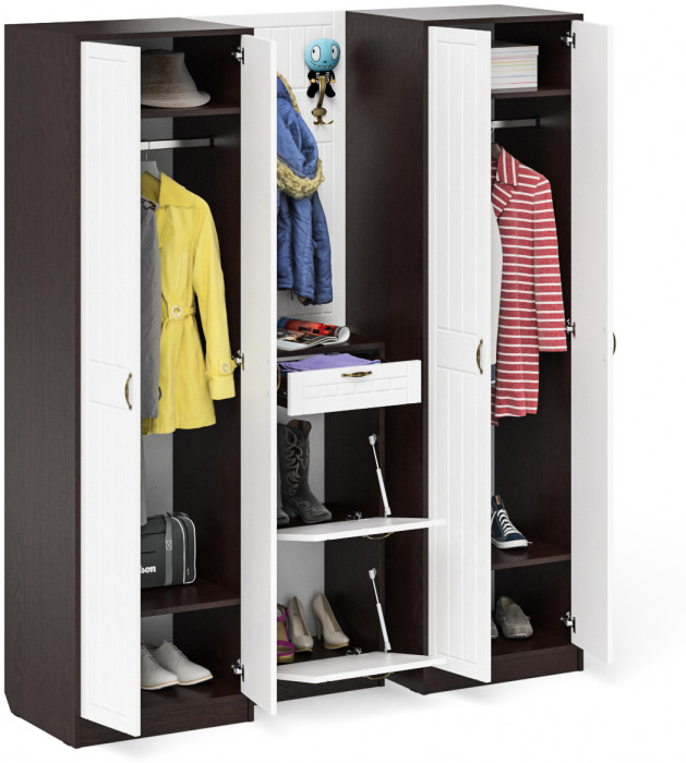 Прихожая П-6 Компоновка № 15, цвет венге/фасады МДФ белое дерево фрезеровка прованс, ШхГхВ 180х50х210 см., универсальная сборка