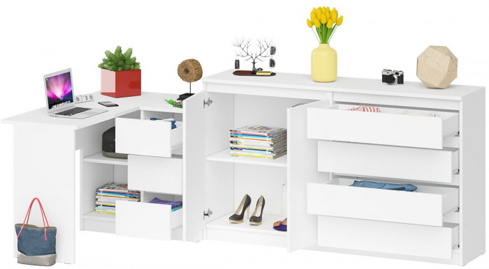 Мори компьютерный стол МС-16 правый + Комод МК1600.1, белый