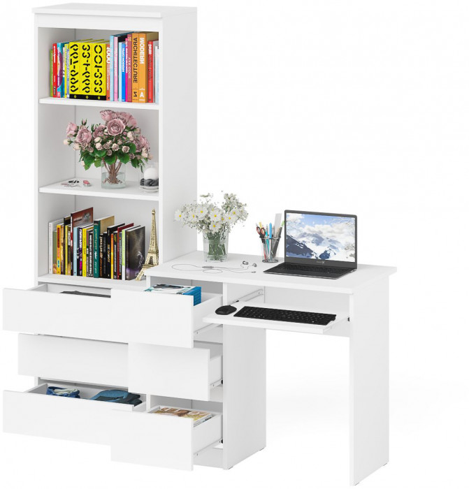 Мори компьютерный стол МС-6 левый + Стеллаж МСТ600.3, белый