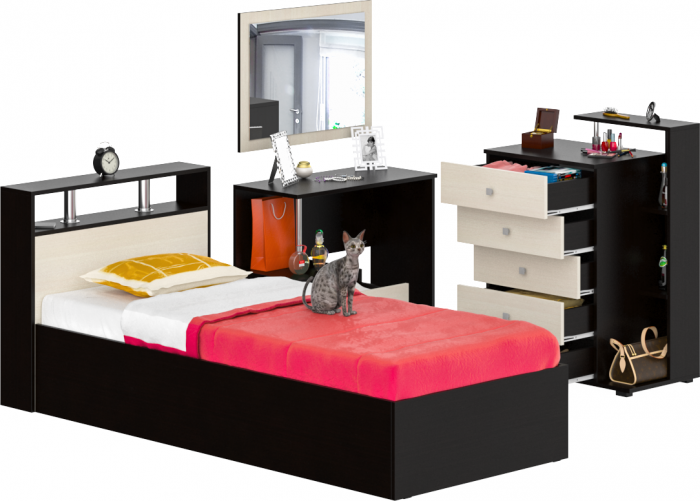 Камелия спальня № 7 Кровать 900 + Стол косметический + Зеркало + Комод, цвет венге/дуб лоредо, сп.м. 900х2000 мм., б/м, основание есть