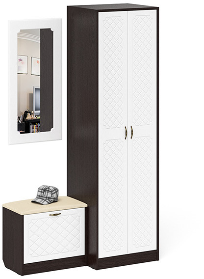 Прихожая П-6 Компоновка № 11, венге/фасады МДФ белое дерево фрезеровка ромб