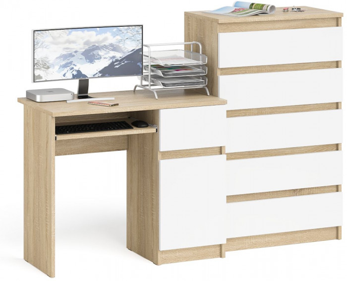 Мори компьютерный стол МС-1 правый + Комод МК700.5, дуб сонома/белый