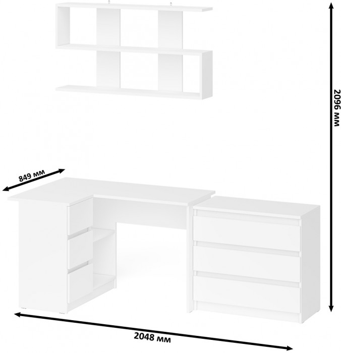 Мори компьютерный стол МС-16 левый + Комод МК800.1 + Полка 1200, белый