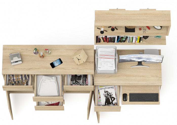 Мори Стол компьютерный МС-1 левый + Комод МК1200.4 + Полка 900, цвет дуб сонома, ШхГхВ 210,4х50х209,6 см., НЕ универсальная сборка