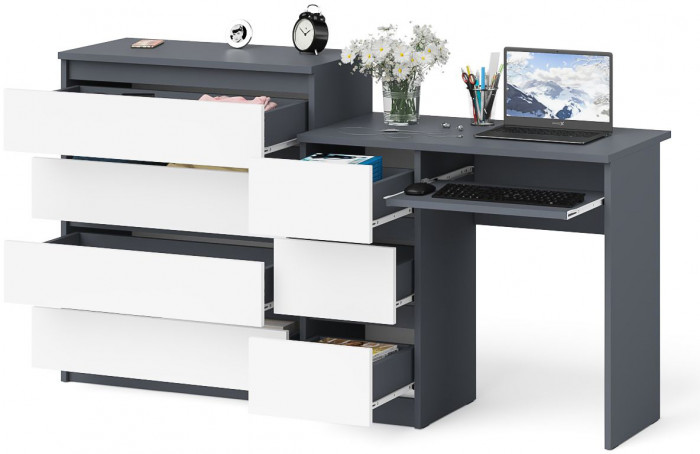 Мори компьютерный стол МС-6 левый + Комод МК800.4, графит/белый