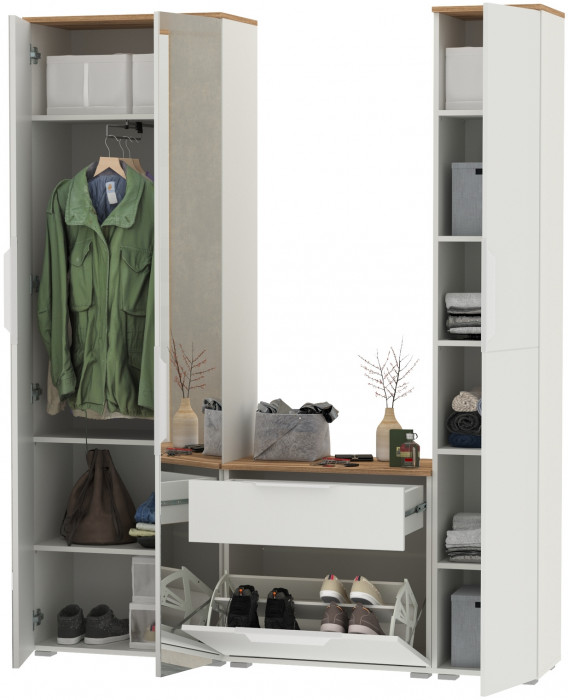 Октава Прихожая 21, белый шагрень/дуб крафт золотой/фасады МДФ белый шагрень