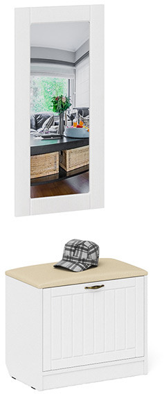 Прихожая П-6 Тумба + Зеркало, цвет белая шагрень/фасады МДФ белое дерево фрезеровка прованс, ШхГхВ 60х35х200 см.