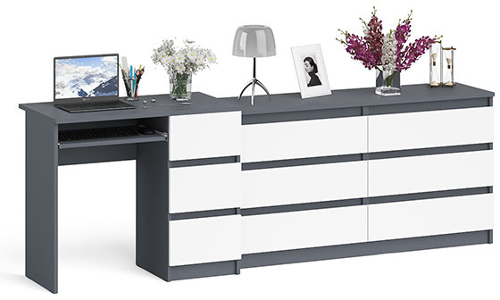 Мори компьютерный стол МС-6 правый + Комод МК1380.6, графит/белый