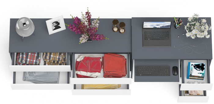 Мори компьютерный стол МС-6 правый + Комод МК1380.6, графит/белый