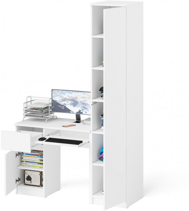 Мори Стол компьютерный МС-1 левый + Пенал МШ400.1, цвет белый, ШхГхВ 130,4х50,4х209,6 см., выдвижной ящик слева, НЕ универсальная сборка