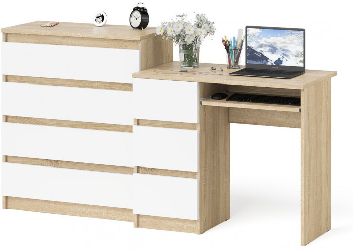 Мори Стол компьютерный МС-6 левый + Комод МК800.4, цвет дуб сонома/белый, ШхГхВ 170,4х50х94 см., выдвижные ящики слева, НЕ универсальная сборка