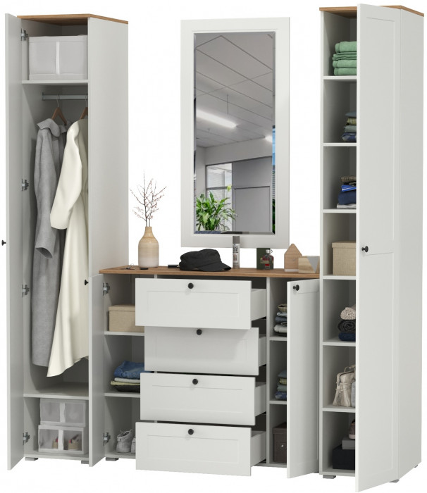 Остин Прихожая 32, цвет белый шагрень/дуб крафт золотой, ШхГхВ 200х54,3х229,6 см., универсальная сборка