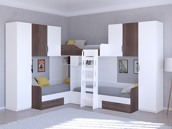 Трехместная кровать ТРИО/3 Белый/Дуб Шамони