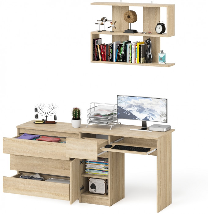 Мори компьютерный стол МС-1 левый + Комод МК800.1 + Полка 900, дуб сонома