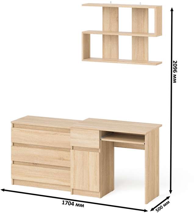 Мори компьютерный стол МС-1 левый + Комод МК800.1 + Полка 900, дуб сонома