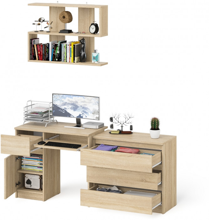 Мори компьютерный стол МС-1 левый + Комод МК800.1 + Полка 900, дуб сонома