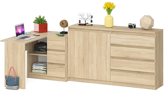 Мори компьютерный стол МС-16 правый + Комод МК1600.1, дуб сонома