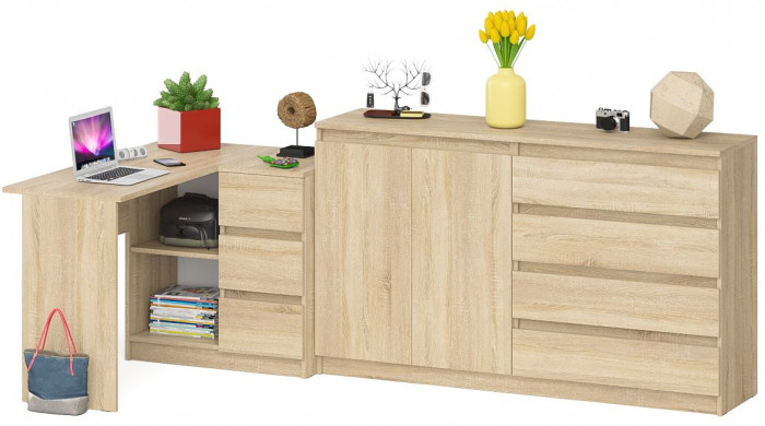 Мори компьютерный стол МС-16 правый + Комод МК1600.1, дуб сонома