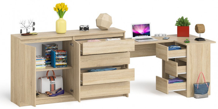 Мори компьютерный стол МС-16 правый + Комод МК1600.1, дуб сонома