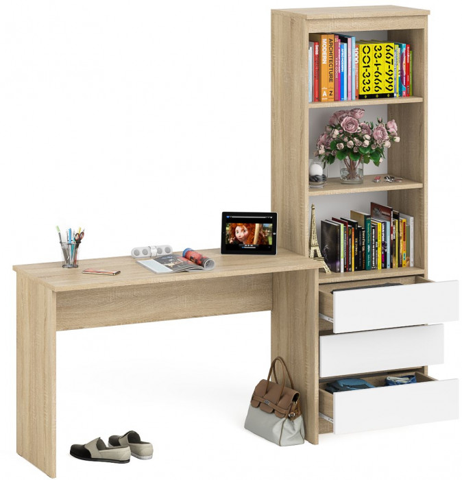 Мори Стол письменный МСП1200.1 + Стеллаж МСТ600.3, цвет дуб сонома/белый, ШхГхВ 180,8х50х179,6 см., универсальная сборка