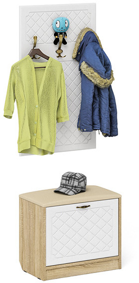 Прихожая П-6 Тумба + Вешалка, цвет дуб сонома/фасады МДФ белое дерево фрезеровка ромб, ШхГхВ 60х35х200 см.